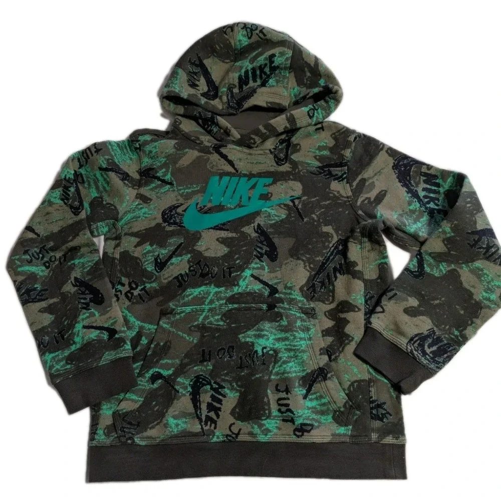 Nike Youth Hoodie Size L Green Camo Just Do It Pullover Sweatshirt